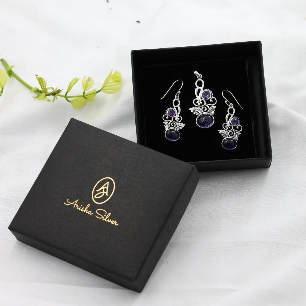 Amethyst Silver Pendant Earring Set, 925 Sterling Silver Handmade Jewelry, February Birthstone Jewelry, Dangle Earring An0448-185