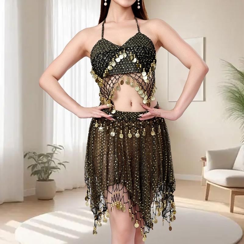 2Pcs Belly Dance Costumes Set for Women Girls Belly Dance Bra Tops and Coins Short Skirt Belly Dancer Outfits Gifts
