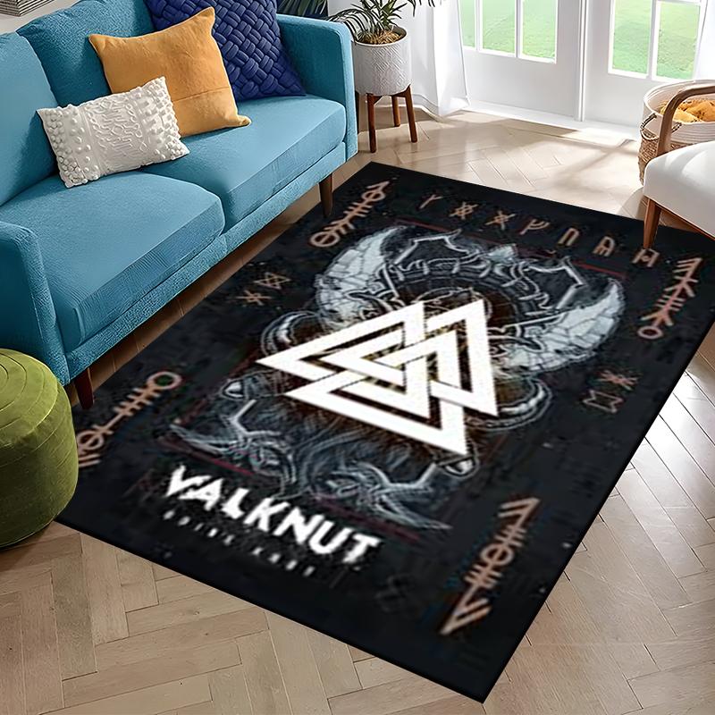 Nordisches Wikingerkrieger Symbol Walhalla Valknut Rune Motto Teppich für Schlafzimmer Wohnzimmer Sofa Zuhause Fußmatte Dekor, Rutschfeste Bodenmatte