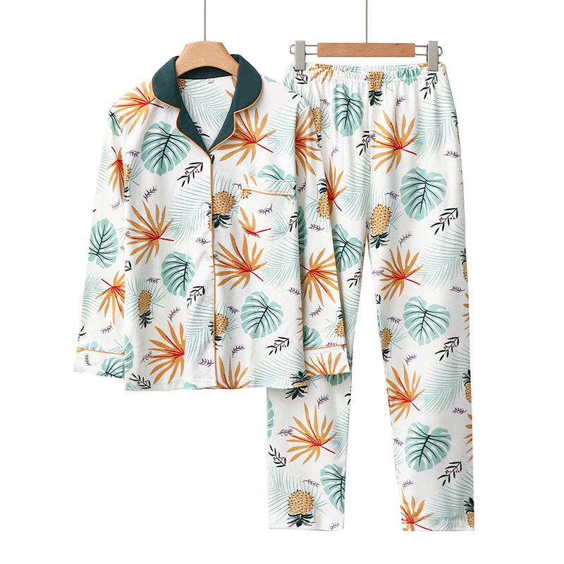 Pure cotton pajamas women s autumn long-sleeved trousers thick lapel cardigan cotton cartoon cute autumn and winter loungewear suit women L