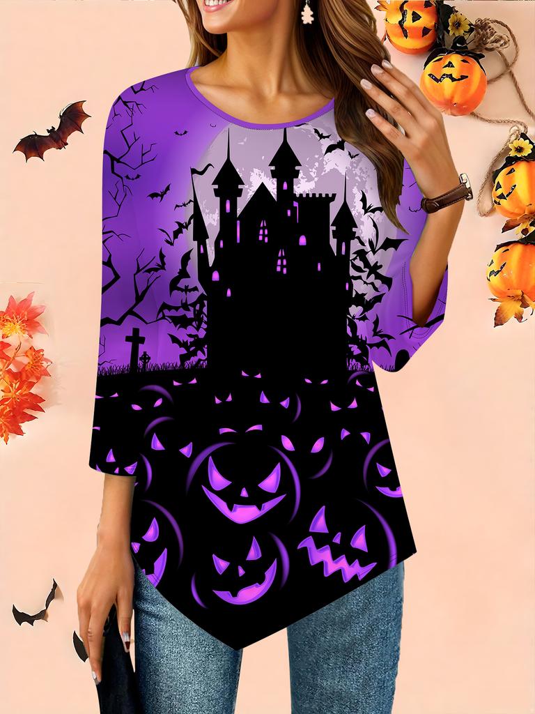 Women's Loose Round Neck Three Quarter Sleeve Tee 3D Halloween Pattern Ideal Halloween and Christmas Gift