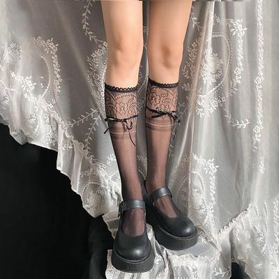 Süße weiße Kniestrümpfe im japanischen Stil für Damen, dünner durchsichtiger Stil für Frühling - Sommer, kniehohe Strümpfe mit Spitzenrand, schwarze Slouch-Socken