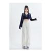Women High Waisted Beige Straight Leg Jeans Spring Autumn Korean Style Wide Leg Pants Slim Fit V Line Stitching