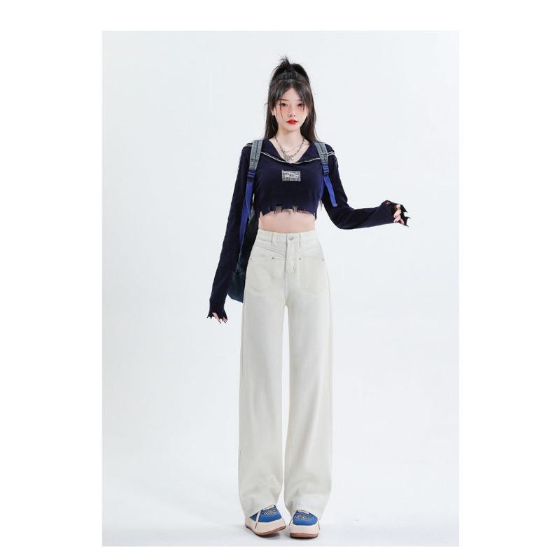 Women High Waisted Beige Straight Leg Jeans Spring Autumn Korean Style Wide Leg Pants Slim Fit V Line Stitching