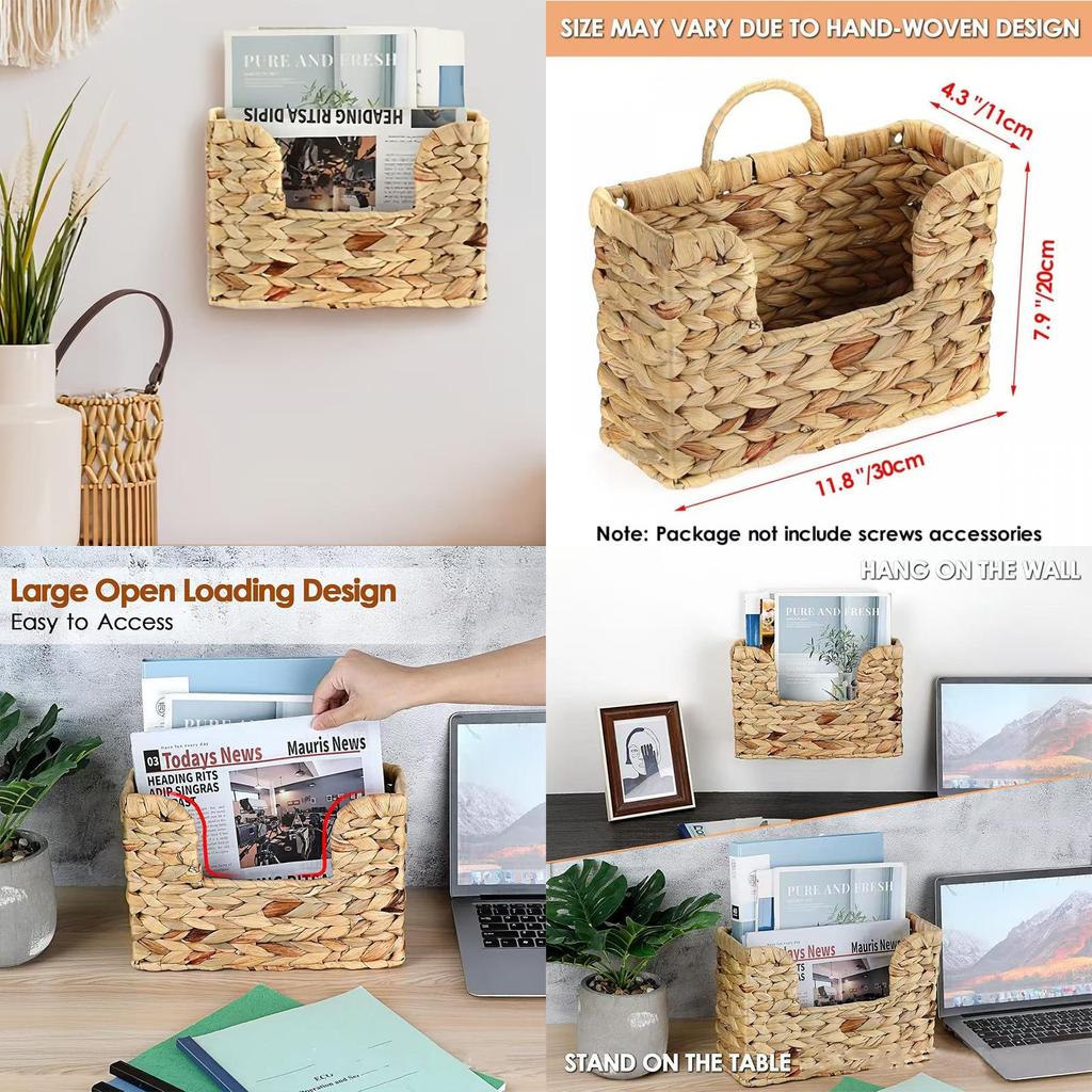 Modern Minimalist Wicker Wallmounted Magazine Rack With Rattan Storage Basket For Home Organization