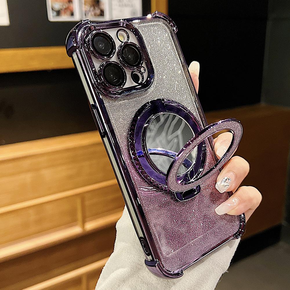 Plating Flash Mirror Holder Stand Soft Silicone Four Corners Air Cushion Shockproof Protection Case for iPhone Huawei Honor OPPO Infinix Itel Tecno