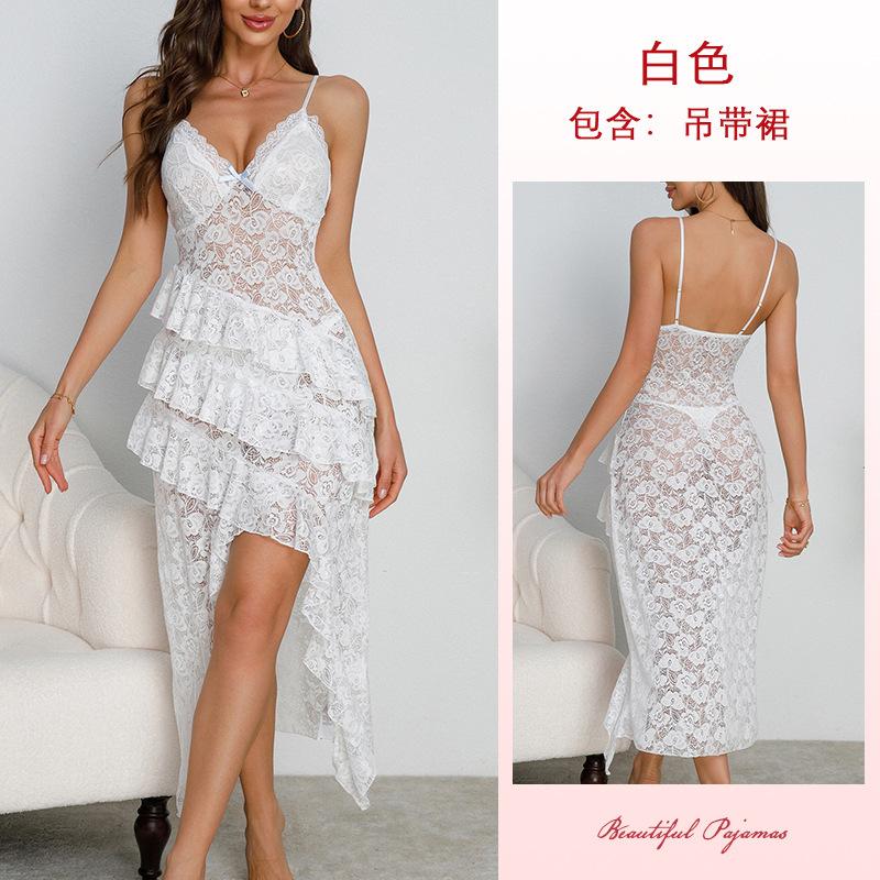 Multi-Style Sexy Lace Mesh Nightgown Deep V High Slit Print Cami Pajamas Women's Loungewear Versatile Seductive Sleepwear Collection with Diverse