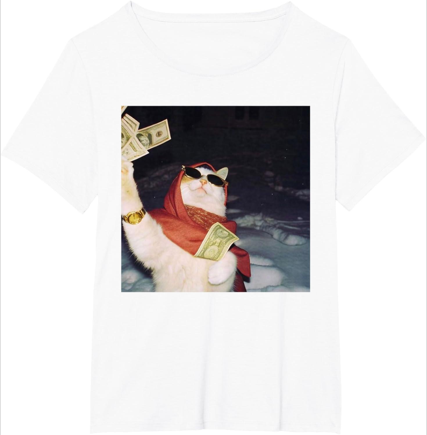 

2026NobleWomen Cat Meme Money Print Black T-Shirt Funny Daily Short-Sleeved Versatile Basic Crew Neck Top for Party M
