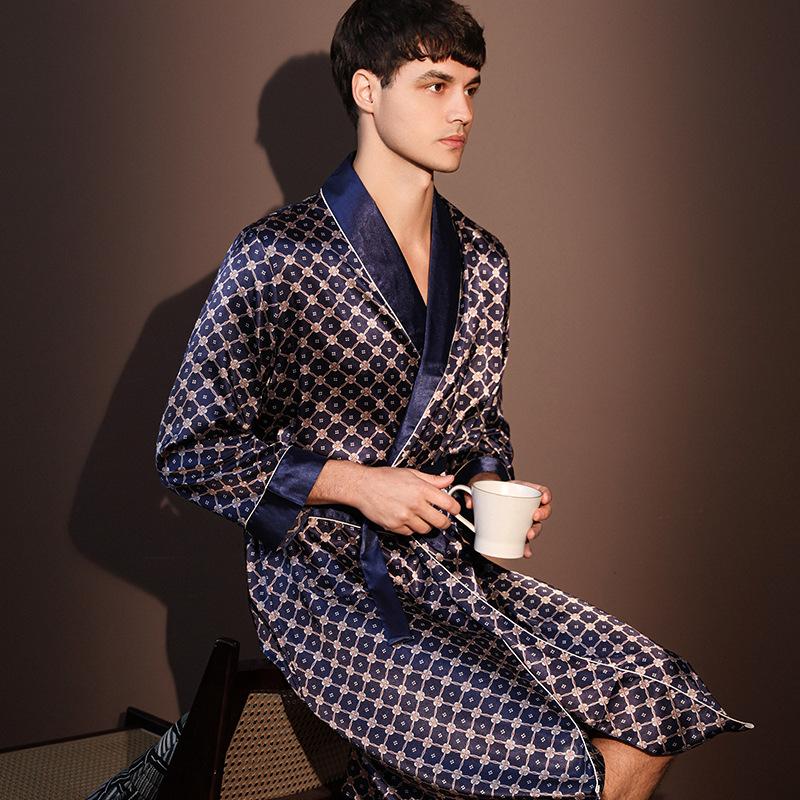 Robe da Notte Uomo di Alta Qualità Estive Sottili Accappatoio Taglia Grande Pigiama Stampato in Seta Ghiacciata Vestaglia Intera Abbigliamento da Casa Maschile Primavera