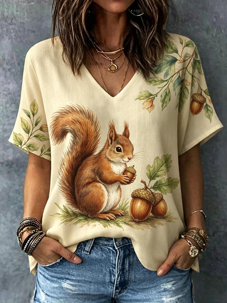 Women's Leaf Print V Neck T-Shirt, Short Sleeve Casual Tops, Stylish Autumn Vibe Daily Wear for Spring & Summer