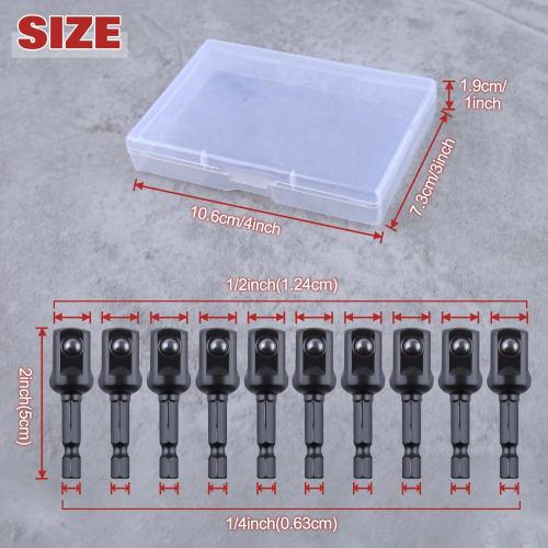 LEONTOOL Impact Adapter Square Socket Bit Set of 10, 6.35mm Hex Shank, 12.7mm Drive, 50mm Extension Bit, Impact Socket Adapter, Drill Adapter Hex Impa