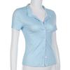 Sweetown Blaustreifen Kurzarmhemden für Damen zum Knöpfen Umlegekragen Slim Schlicht Lässig Preppy Oberteile Basic Sommer T-Shirts