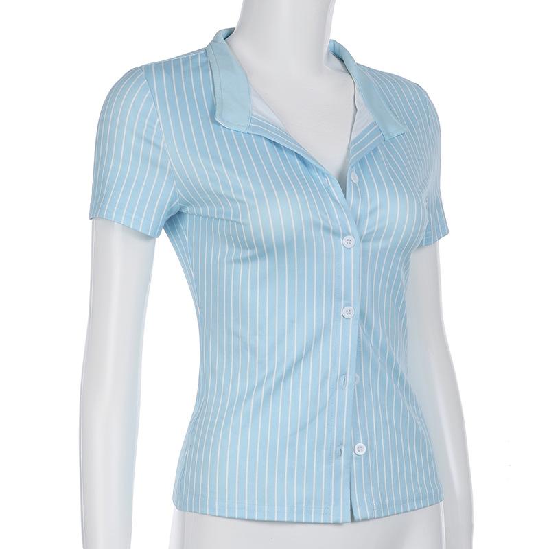 Sweetown Blue Stripe Short Sleeve Shirts For Women Button Up Turn Down Collar Slim Simple Casual Preppy Tops Basic Summer Tees