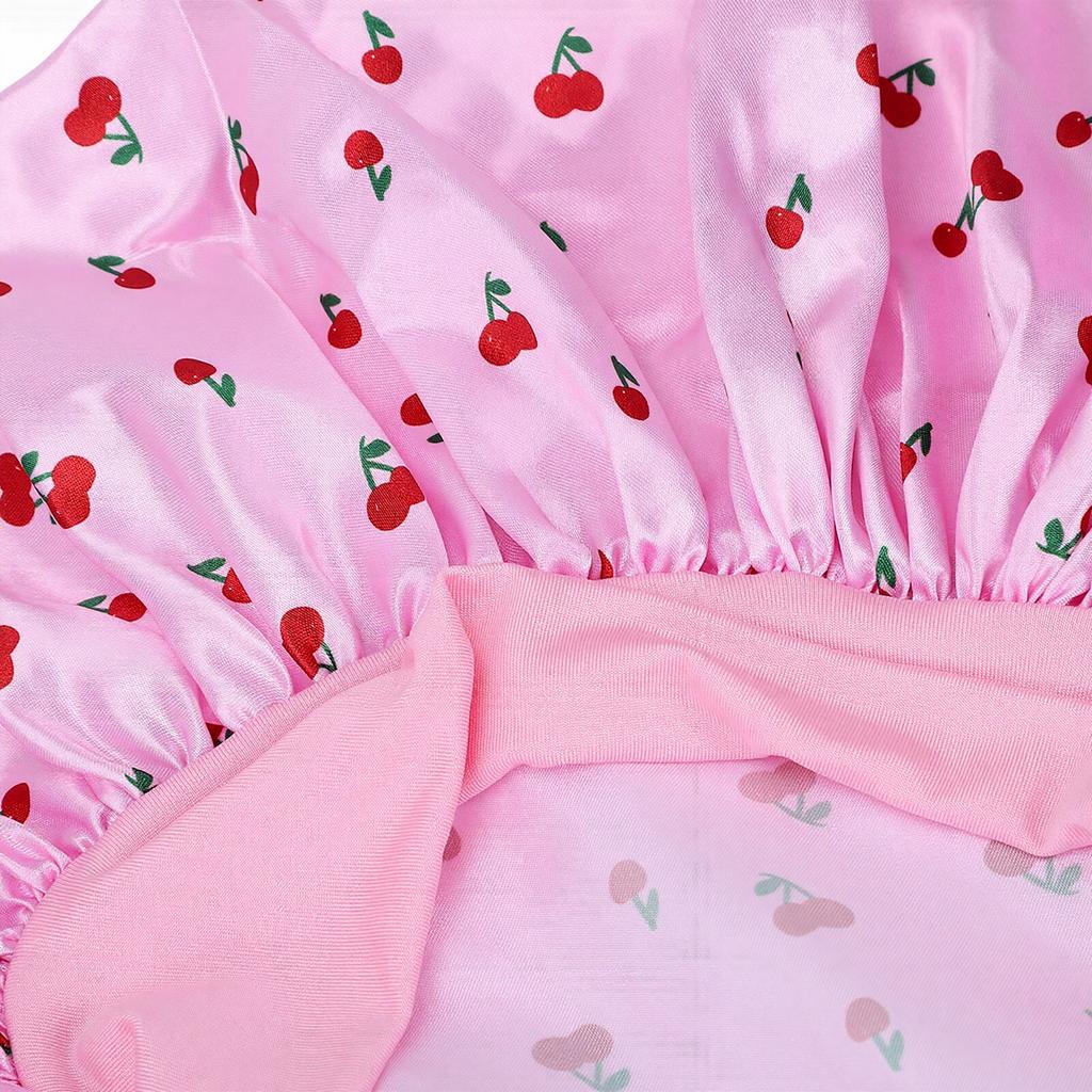3pcs Satin Sleep Bonnet Double Layer Adjustable Elastic Band Wide Design Cherry Print Silk Bonnet