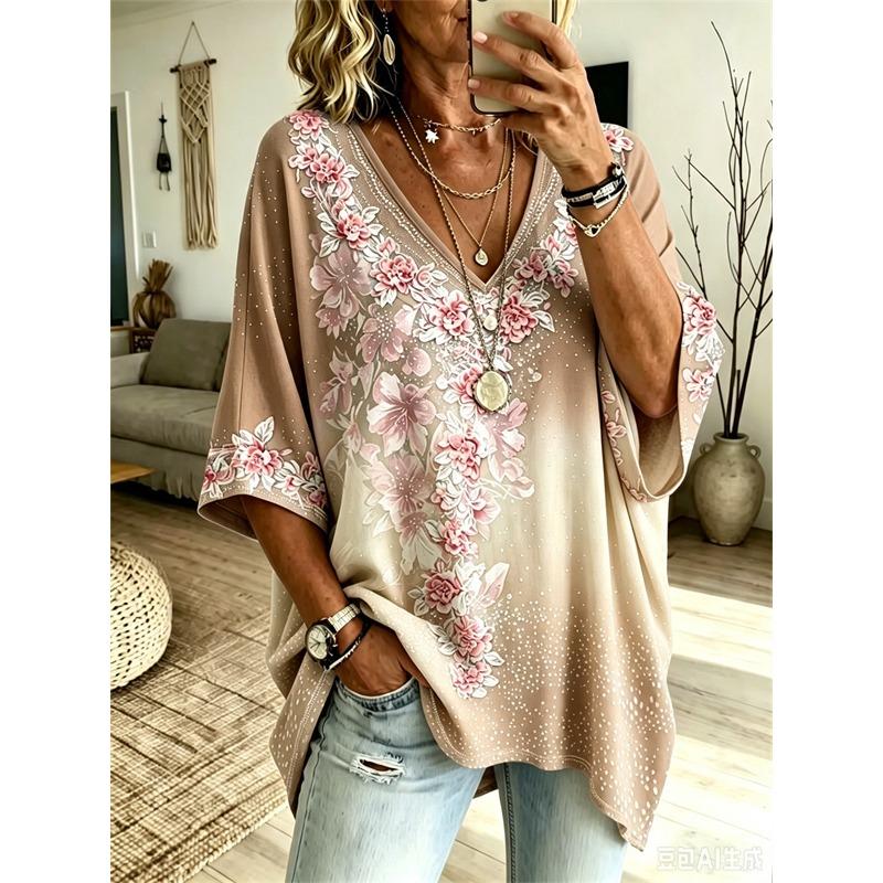 Übergrößen Damen V-Ausschnitt Fledermausärmel T-Shirt Bohemian Ethnischer Druck Lockerer Oberteil Sommer Bequem Atmungsaktiv Tägliches Pendeln Lässig Schlankmachender Stil