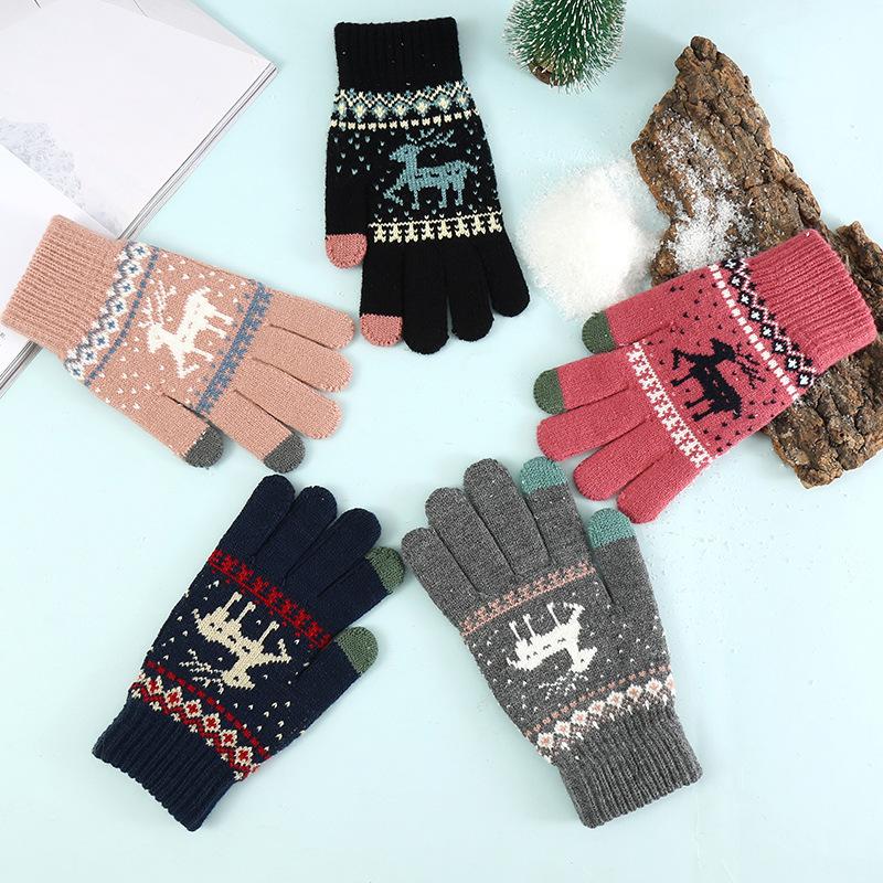 Christmas Deer Knit Touchscreen Gloves for Men Women Winter Cycling Warm Gloves One Size