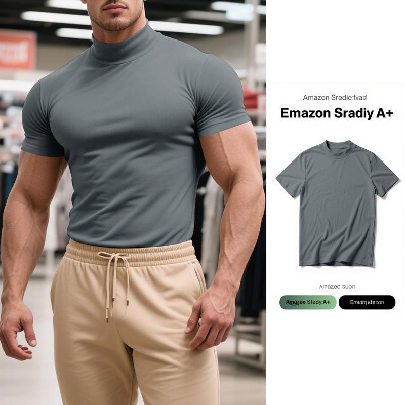 Summer New Men's Casual Semi-High Neck Slim Solid Color T-shirt - European & American Fashion.