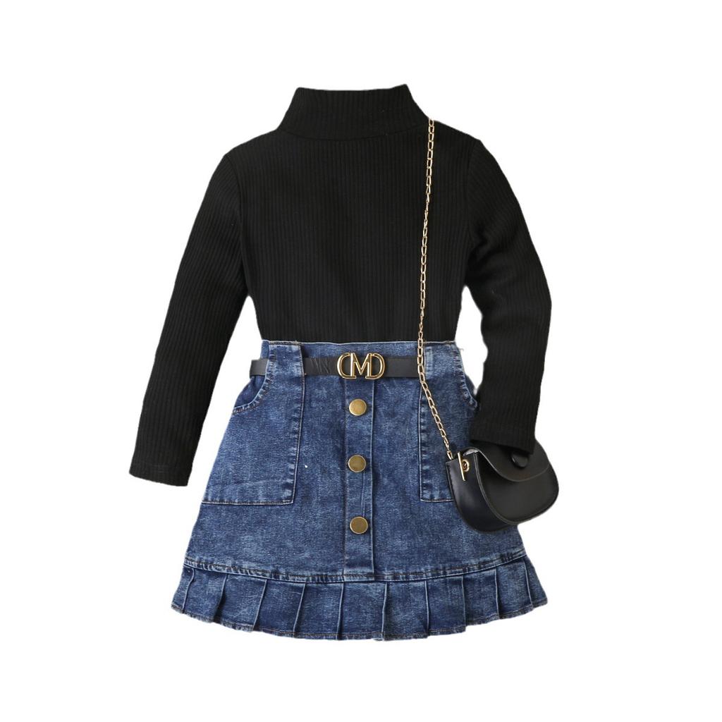 Mädchenanzug Sommer Kinder Einfarbiger Langarm-Top und Denim Plissee Kurzer Rock Anzug