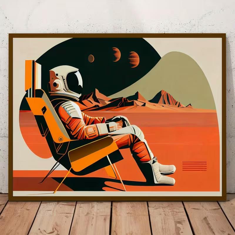 Mid Century Modern Astronaut Art Print Poster - Retro Space Exploration Landscape Canvas Wall Art - Frameless Transverse Art Deco 21X30CMNo Framed