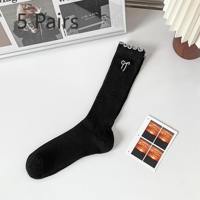5 Pairs of Female Spring and Summer Bow Embroidery Lace Everything Breathable Tube Pile Socks