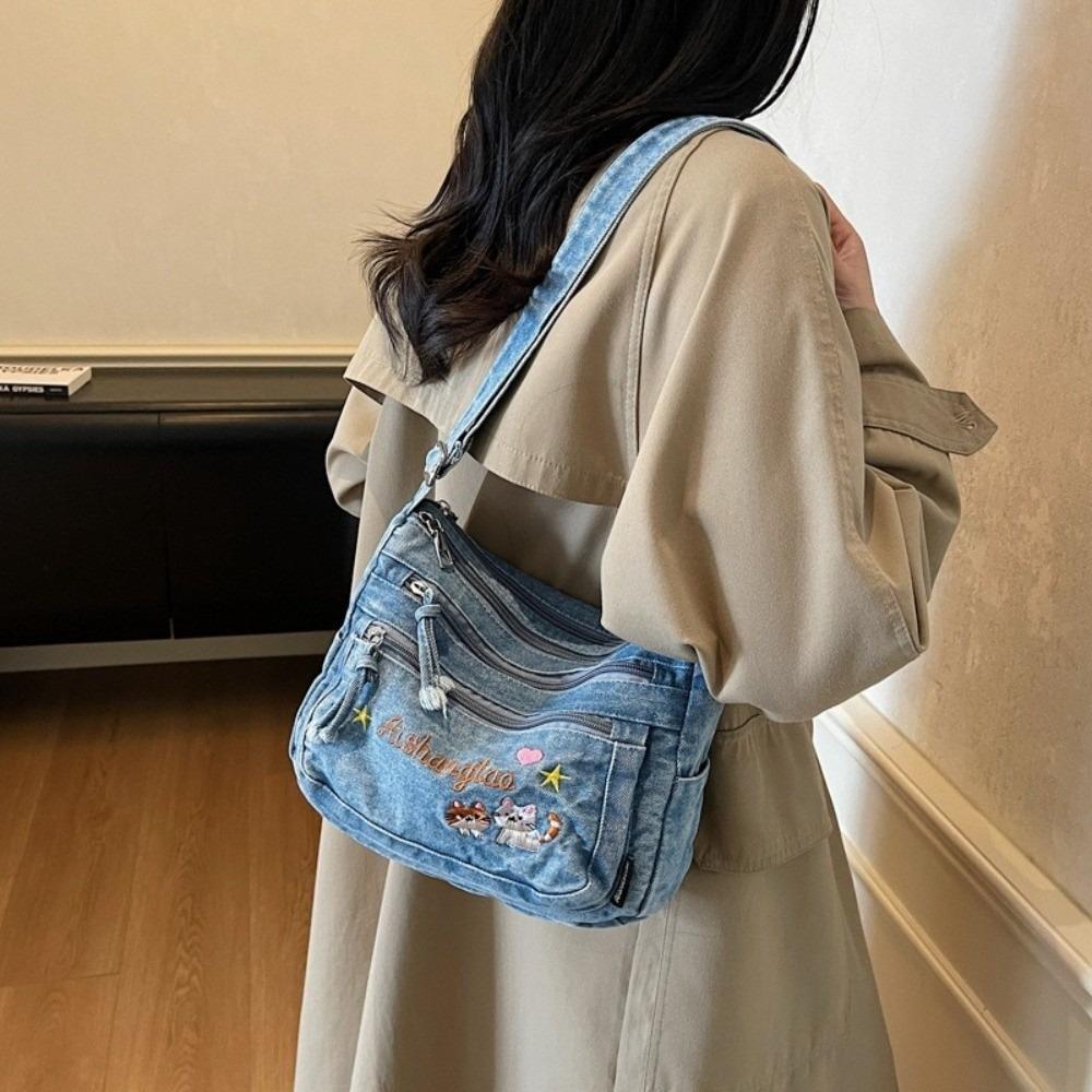 Washed Denim Crossbody Bag Adjustable Strap Messenger Bag Cat Embroidery Shoulder Bag Ladies