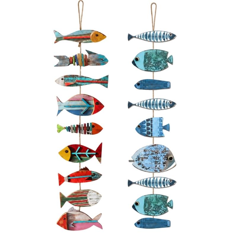 Fish Wall Hanging Sign Coastal Decors, Painted Wood Accent Sculpture with Distressed Finish for Bedroom Entryway Living Room