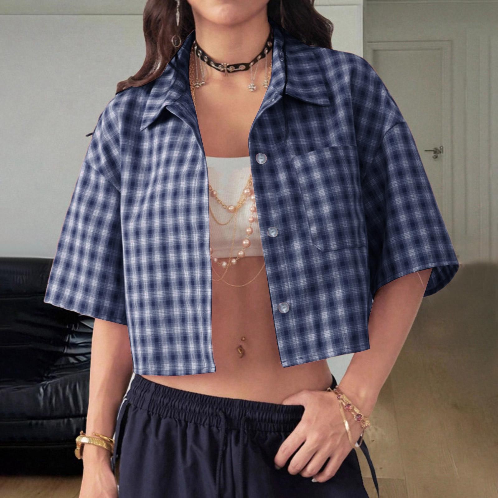 

Short Sleeve Blouses for Women Button Down Plaid Womens Short Sleeve Blouses Loose Fit Women s Short Sleeve Tops Casual Womens Short Sleeve Shirts S синий