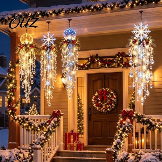 Santa Claus Snowman Decor Crystal Waterfall Christmas Lights, LED Warm White Pendant Effect Holiday Hanging Light with Snowflake Droplets, Outdoor