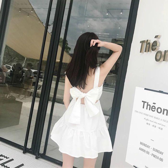 

Women s Summer Beach Dress - Fresh Bow Spaghetti Strap with Open Back S (up to 95 jin) белый