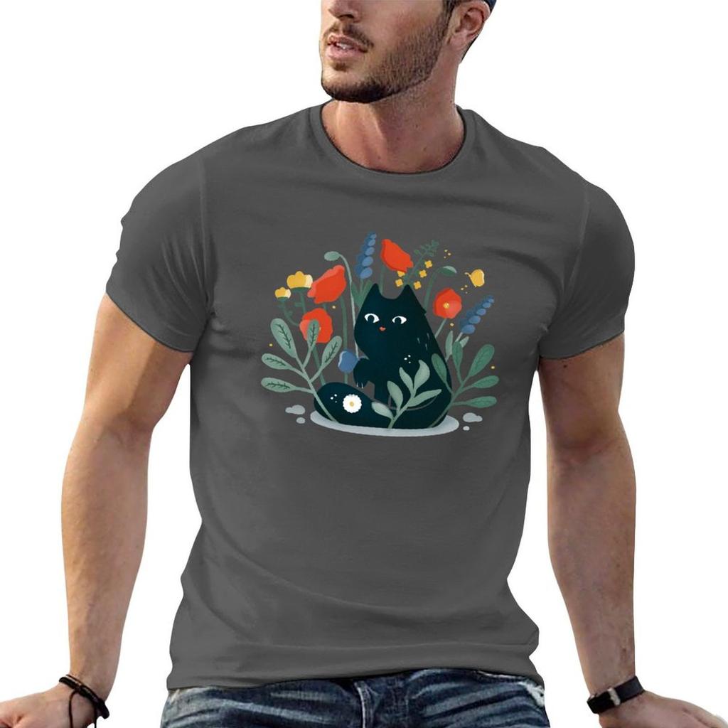 Black Cat In The Garden With Flowers Tshirt Plus Size Loose Short Sleeve Top