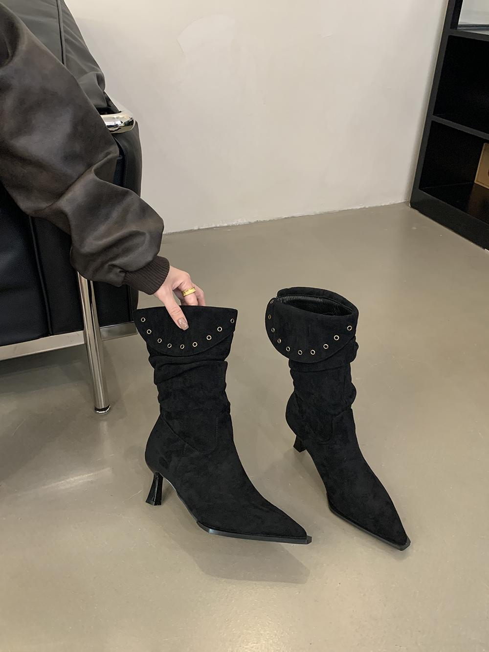 

модные женские сапоги из флока средней длины с острым носком, ботильоны челси на тонком высоком каблуке, без застежек 224, новые поступления, туфли-лодочки для вечеринок, размер 39 245 чёрный