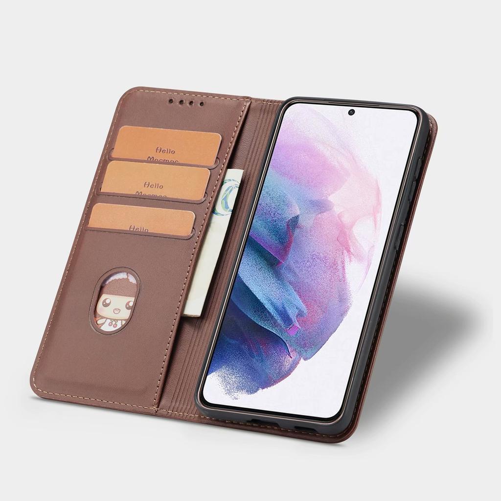Suitable for iPhone15 Leather Case S23 Solid Color Calf Pattern Card Wallet Suction Bracket Protective Case 14Pro