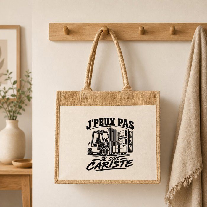 Sac Cabas Jute avec Poche J’peux pas je suis Cariste J'peux pas minimaliste | Toile de Jute et Coton 21 L Fond Plat Anses 65 cm
