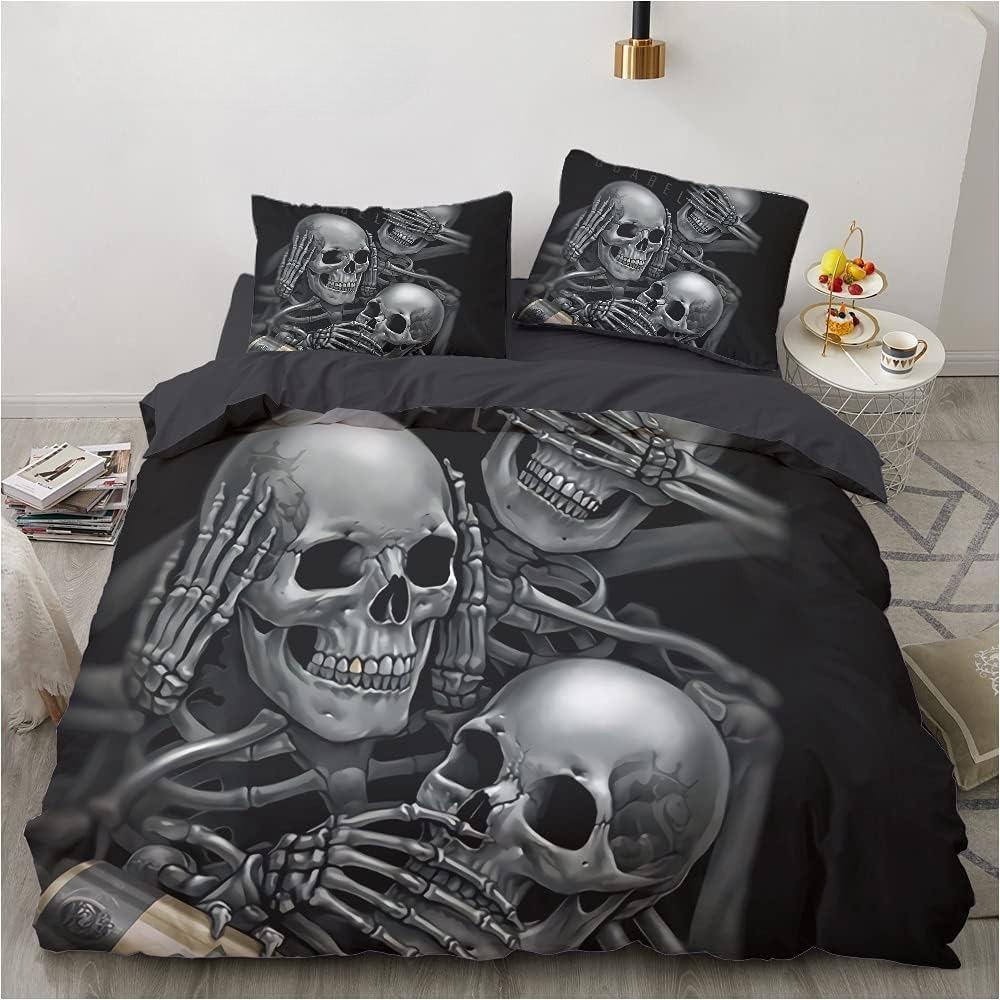 3D printed Gothic skull rose microfiber duvet cover soft and comfortable 3-piece bedding set with zipper and 2 pillowcases