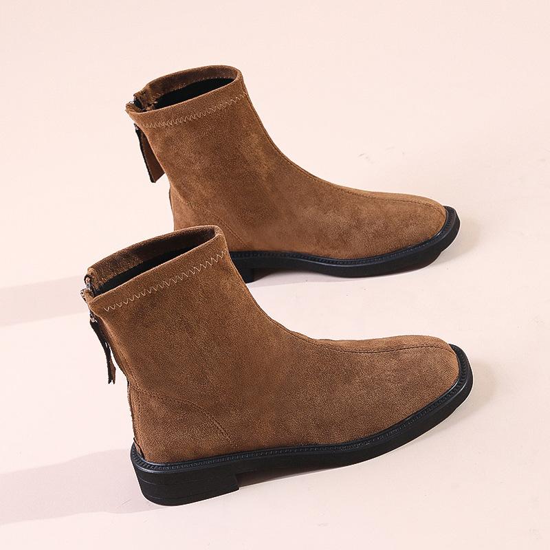 

Большой размер низкий каблук простые короткие ботинки женские 2025 корейская версия новых замшевых с задней молнией толстый каблук тонкие короткие ботинки Мартин 42 темно-коричневого