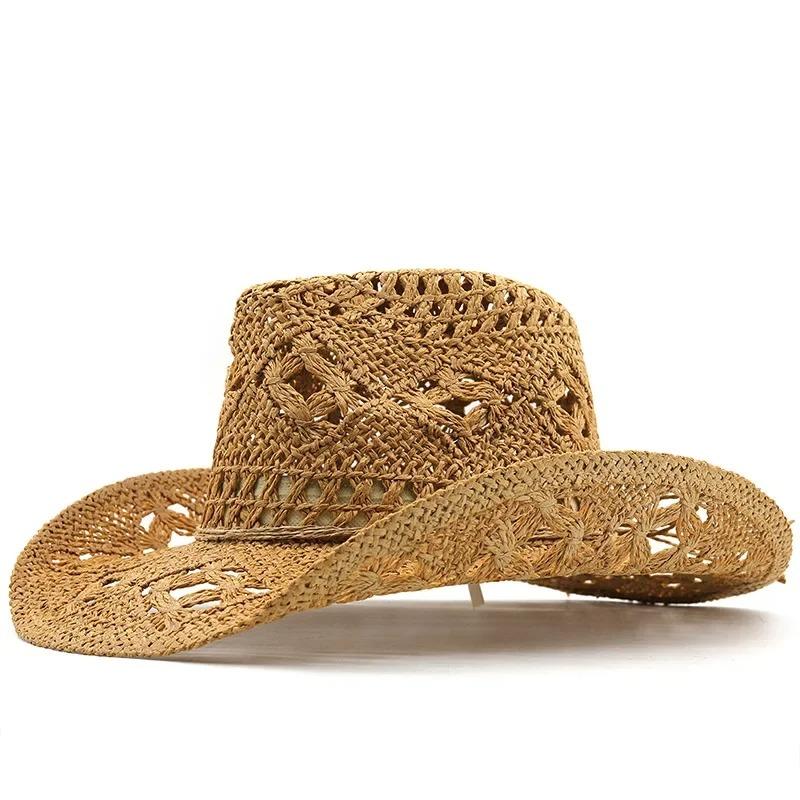 Cappello Western Cowboy in Paglia Bohemien alla Moda Nuovo per Donne, Cappello da Sole Classico Retrò Unico Vuoto a Tesa Larga per Uomini, Fis