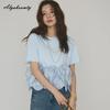 Korean Style Summer Women Cotton T-Shirt White Black Blue Floral Applique Top Short Sleeve Patchwork Basic Ladies' Tee