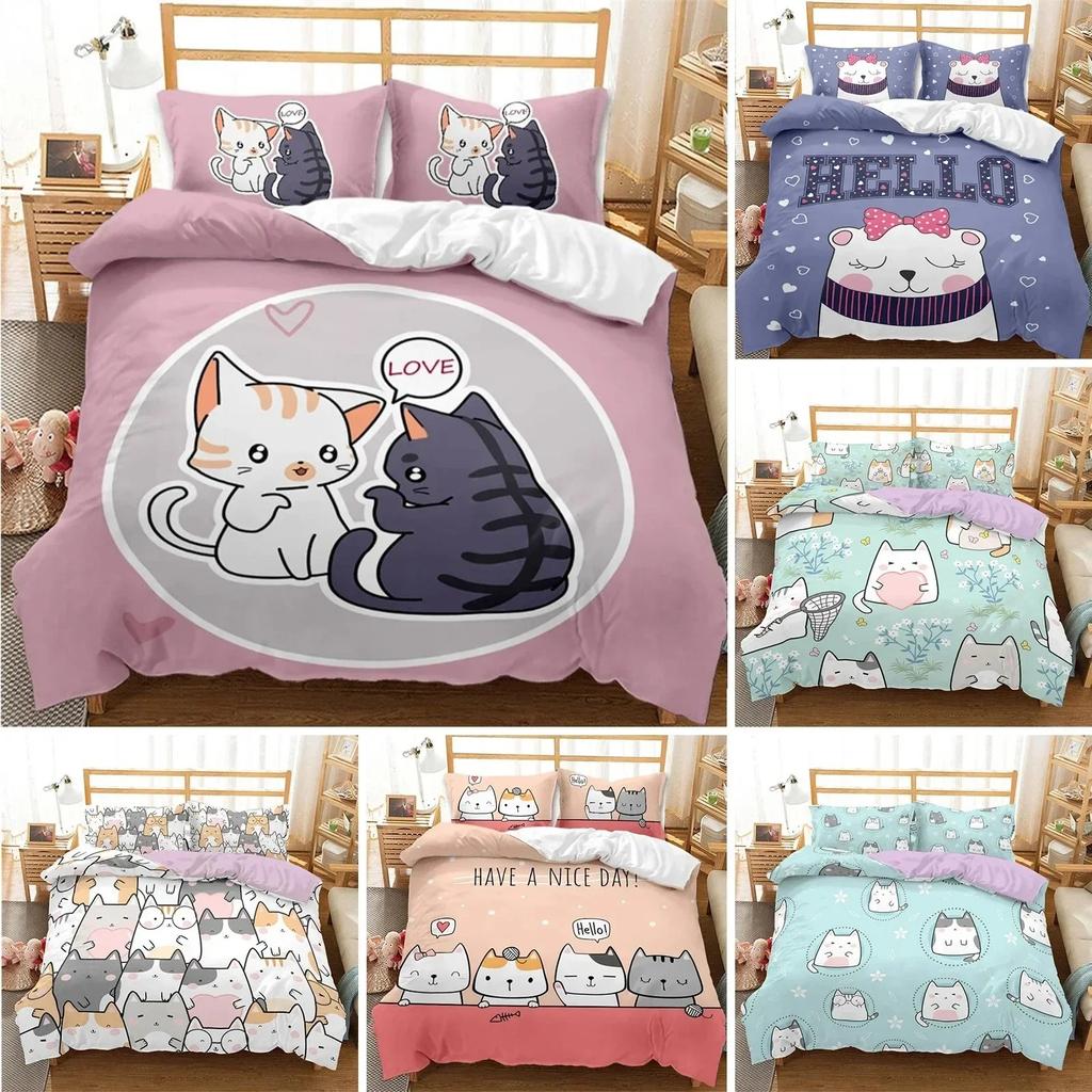 Kawaii Cat Duvet Cover Cartoon Bedding Set Microfiber Cute 3D Animals Comforter Cover Twin Full King For Kids Boy Girl Teen Room