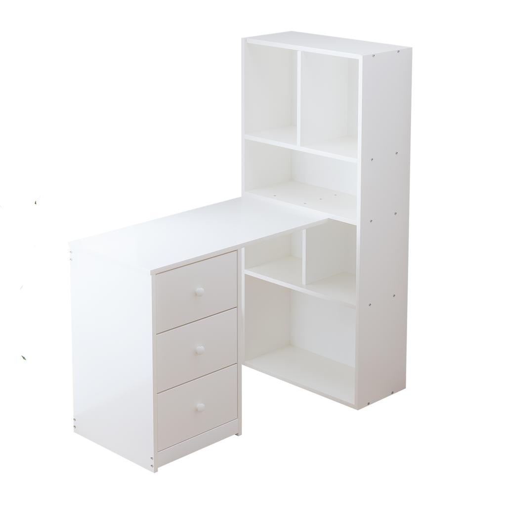 Escritorio de Esquina con Estantería 117 × 63 × 135 cm, Escritorio con 4 Compartimentos de Almacenamiento y 3 Cajones Deslizables, Blanco