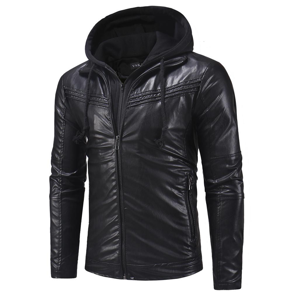 Men's Winter Casual Hooded Leather Zipper Long Sleeve Jacket Coat Tops