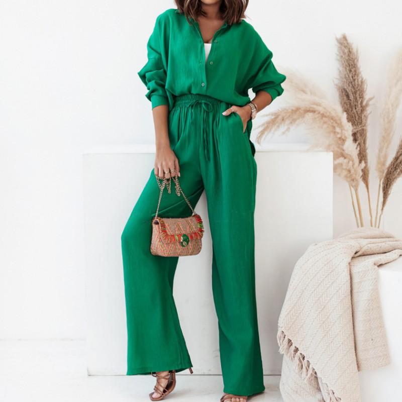 2026 Womens Solid Color Shirt Pants Casual Set Long Sleeve Button-Up Top Wide-Leg Trousers Office To Weekend Wear
