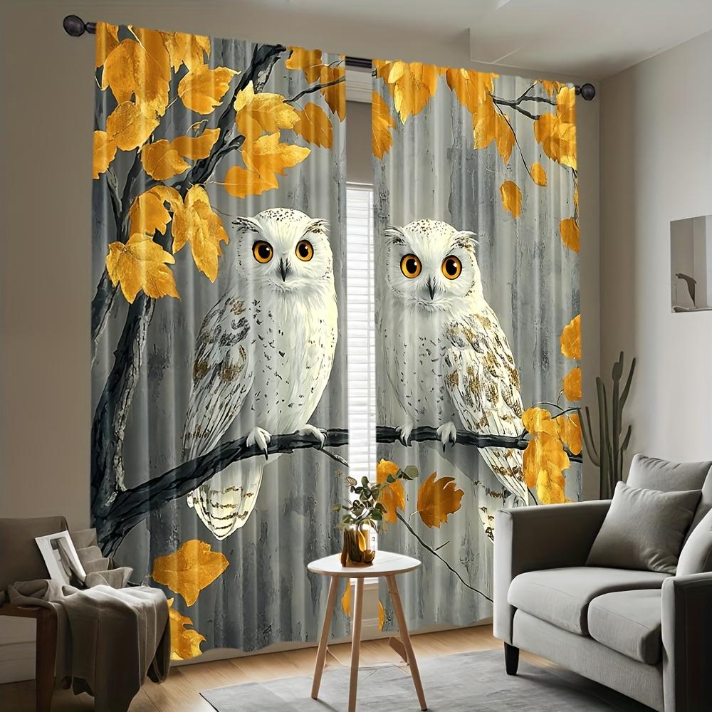 2pcs Boho Bird Print Curtains – Owl & Leaves Design for Festive Room Decor