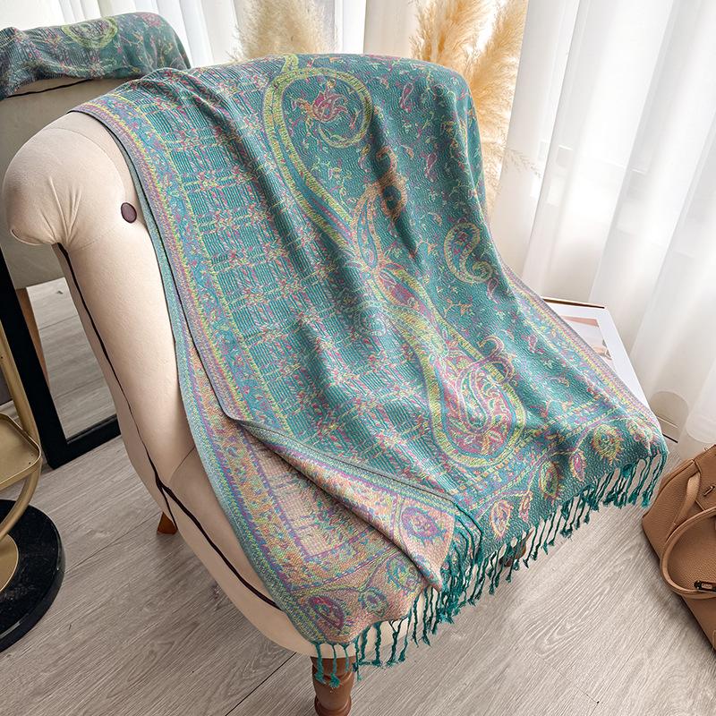 Jacquard Scarf Shawl Tassel Cashew Jacquard Ethnic Style Scarf Women's Autumn and Winter Retro Scarf Warm and Cold-proof Shawl