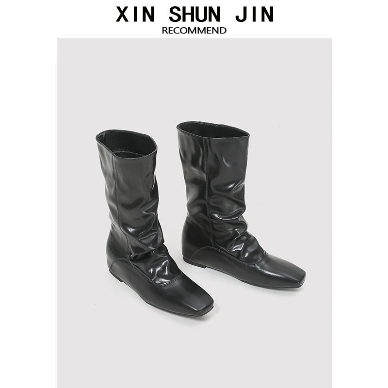 Korean Version Of Retro Square Head Western Autumn And Winter Mid-Tube Boots Women'S Inner Height-Increasing Sleeve Knight Boots Pleated Short Boots
