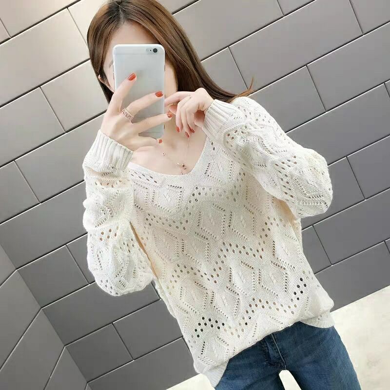 

Женский пуловер с ажурной вязкой, весенне-осенний топ с V-образным вырезом, свободный тонкий свитер с длинным рукавом, базовая рубашка XXL белый