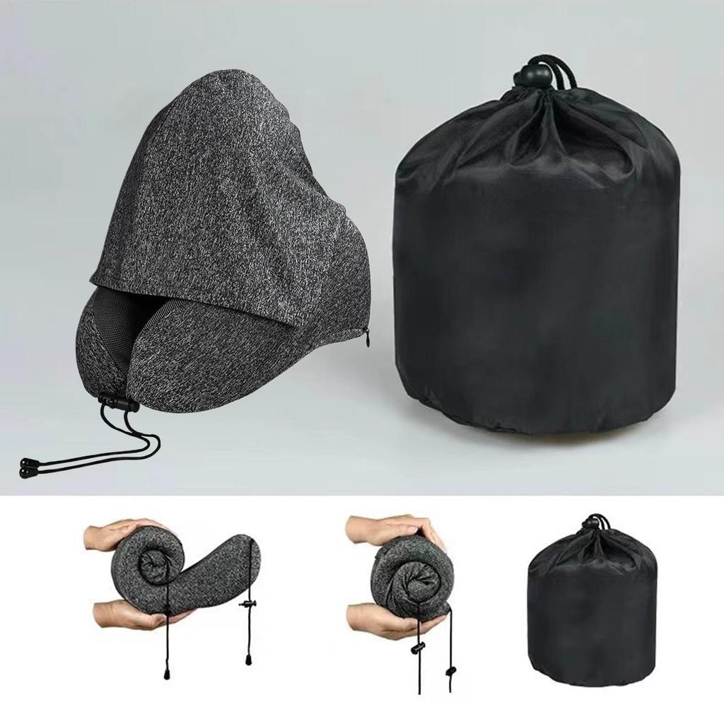 Travel Pillow With Hood Washable Hooded Memory Foam Portable Support Airplane Neck Support For Car Road Trip Airport Trips