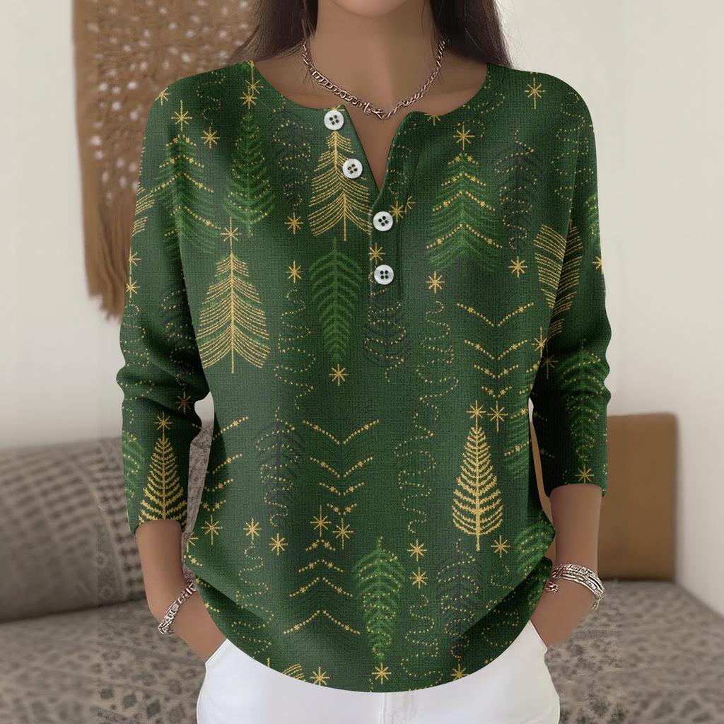 Women's Fashion Long Sleeve Christmas Snowflake Print Top Elegant Casual Top