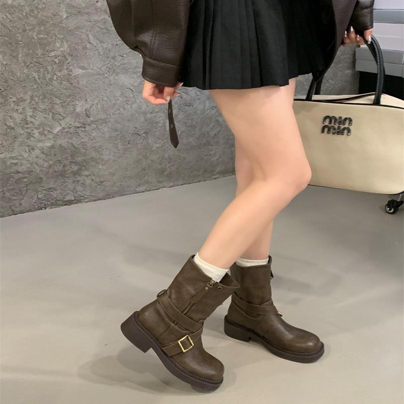 Retro British style round head belt buckle Martin boots women's 2025 autumn and winter new soft-soled versatile Chelsea short boots