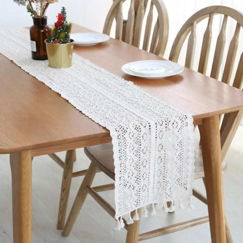 Nordic Crochet Lace Table Runner With Tassel Hollow Tablecloth Romance Wedding Party Table Protector Cover Table Cloth
