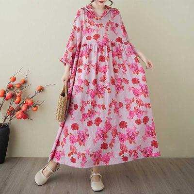 Ladies' Gentle Wind and Cloud Brocade Cotton and Hemp Hooded Printed Dress